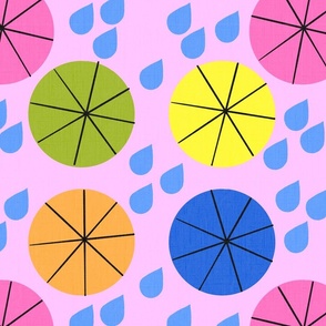 Summer Showers Umbrellas And Raindrops on Pastel Pink Modern Repeat Pattern