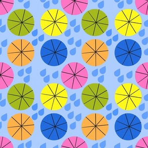 Modern Summer Showers Umbrellas And Raindrops on Sky Blue Repeat Pattern