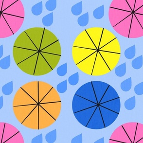 Summer Showers Umbrellas And Raindrops on Sky Blue Modern Repeat Pattern