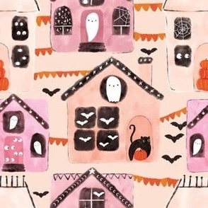 Cute Whimsical Pink Halloween Ghosts Black Cats Ghouls Bats Spooky Houses 6x6