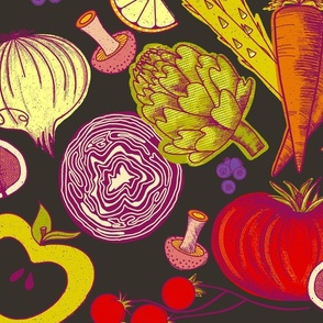 Vintage Veggies and Fruit Nostalgic Kitchen Pattern - Half-drop on Charcoal Large Scale
