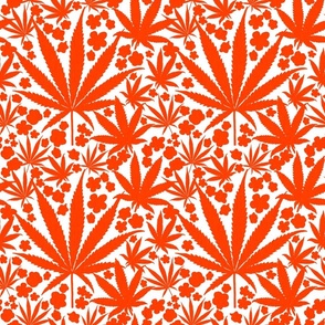 Heart California Mini Retro Tropical Bright Red On White Cannabis Leaf And Flowers Modern Ditzy Hippy 90’s Beach Floral Botanical Tangerine Surf Skate Street Style July Repeat Pattern