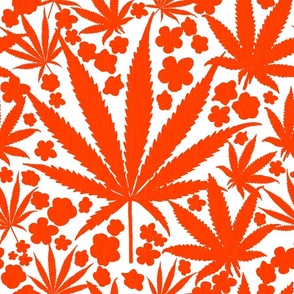 Heart California Retro Tropical Bright Red On White Cannabis Leaf And Flowers Modern Ditzy Hippy 90’s Beach Floral Botanical Tangerine Surf Skate Street Style July Repeat Pattern