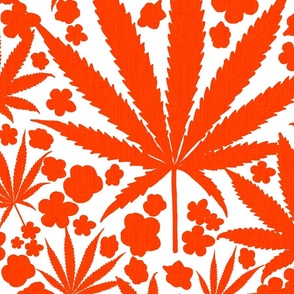 Heart California Big Retro Tropical Bright Red On White Cannabis Leaf And Flowers Modern Ditzy Hippy 90’s Beach Floral Botanical Tangerine Surf Skate Street Style July Repeat Pattern