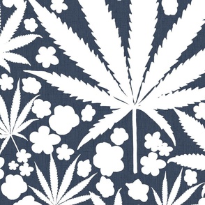 Cannabis And Flowers White On Navy