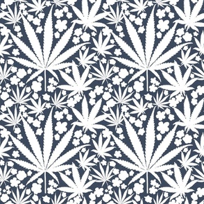 Cannabis And Flowers White On Navy