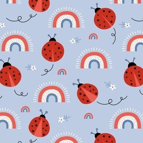 Little lady bugs rainbows and flowers buzzing summer garden 4th of july usa traditional blue red palette