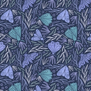 Elegant moths and summer plants dark blue
