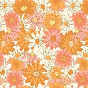 Smaller retro 70s floral - Vintage daisy - pink & orange