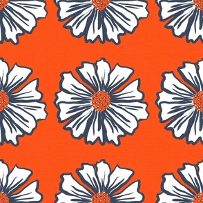 Retro Modern Navy Blue White And Red Summer Flowers