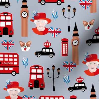 Queen birthday celebration with UK flag corgi dogs and double decker bus black cab and bog ben english icons red on gray 