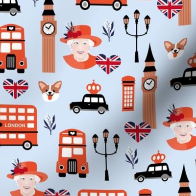 Queen birthday celebration with UK flag corgi dogs and double decker bus black cab and bog ben english icons vintage red on soft blue