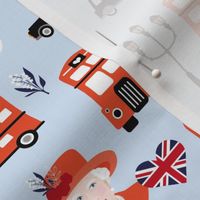 Queen birthday celebration with UK flag corgi dogs and double decker bus black cab and bog ben english icons vintage red on soft blue