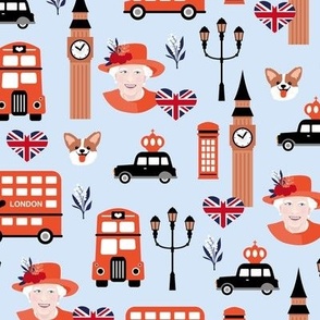 Queen birthday celebration with UK flag corgi dogs and double decker bus black cab and bog ben english icons vintage red on soft blue