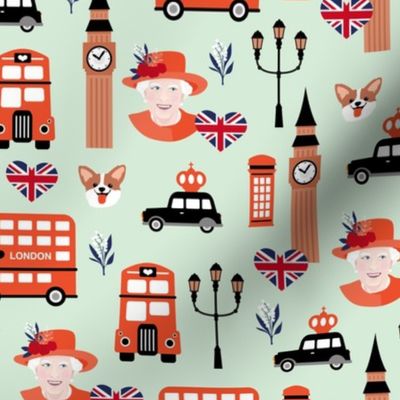 Queen birthday celebration with UK flag corgi dogs and double decker bus black cab and bog ben english icons vintage red on mint green