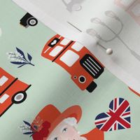 Queen birthday celebration with UK flag corgi dogs and double decker bus black cab and bog ben english icons vintage red on mint green