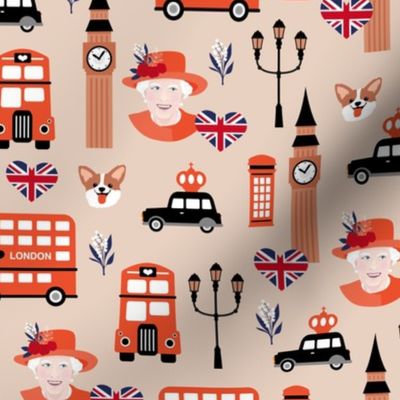 Queen birthday celebration with UK flag corgi dogs and double decker bus black cab and bog ben english icons vintage red on beige tan