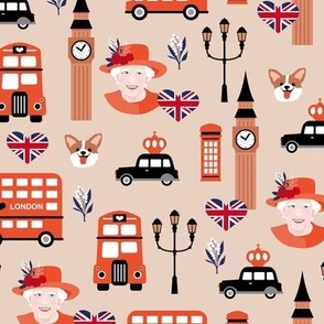 Queen birthday celebration with UK flag corgi dogs and double decker bus black cab and bog ben english icons vintage red on beige tan