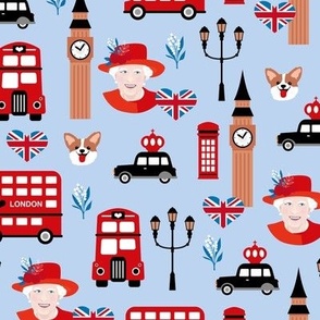 Queen birthday celebration with UK flag corgi dogs and double decker bus black cab and bog ben english icons red navy on baby blue