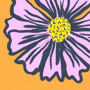 Big Modern Pink Flowers On Citrus Orange Summer Floral With Bright Lemon Yellow Vintage Repeat Pattern