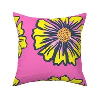 Retro Modern Summer Pink And Yellow Flowers On Hot Pink