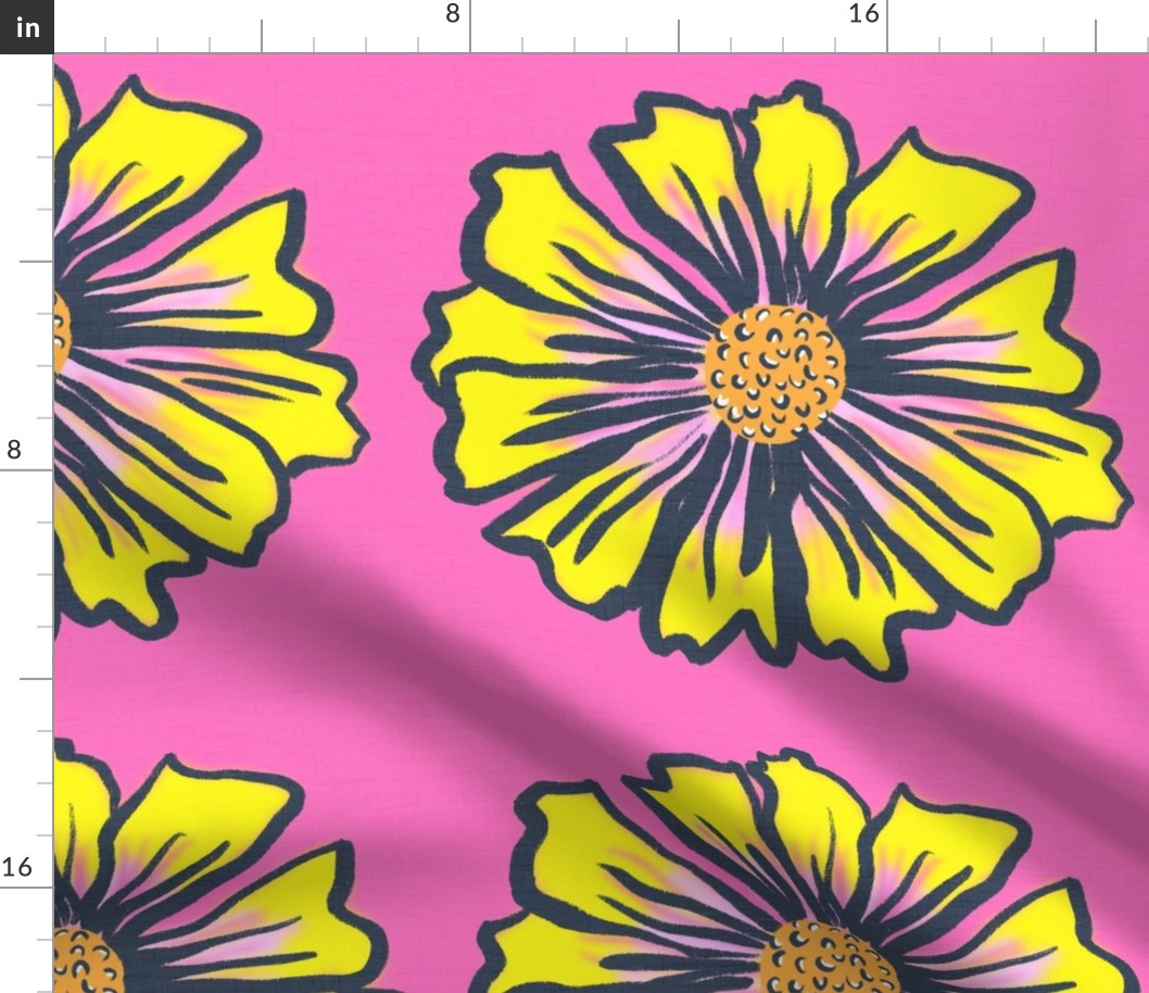 Retro Modern Summer Pink And Yellow Flowers On Hot Pink