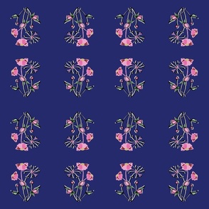 Pink  Abstract Wildflowers on Deep Blue Background