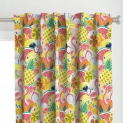 Totally Positively Optimistic- Juicy Flamingos Medium- 10.5 Inches Width- Petal Cotton Coordinate- Tropical Fruit Home Decor- Tropical Fruits Summer Wallpaper- Pineapple- Watermelon- Papaya- Flamingo Fabric