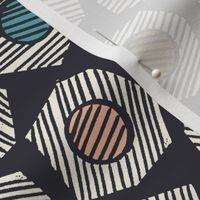 Heptagons (MidMod Multi on Charcoal) || hand-stamped striped geometric