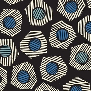 Heptagons (Blues & Cream on Black) || block print striped geometric