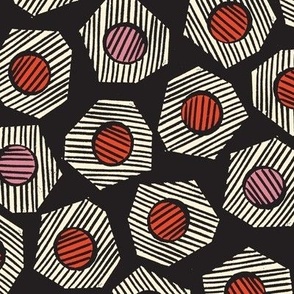 Heptagons (Reds & Cream on Black) || block print striped geometric