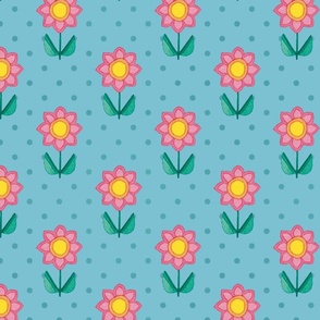 PINK DAISIES  on blue - medium