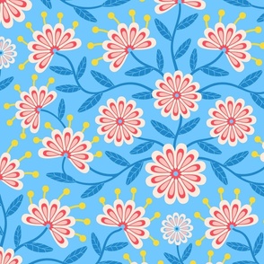 Flowering Daisies Garden Cottagecore Floral Botanical - Icy Blues Red Sunshine Yellow Subtle Pink Cream - LARGE Scale - UnBlink Studio by Jackie Tahara