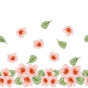 Peach Blossoms-border stripe with peach blossoms and green leaves on a white background.