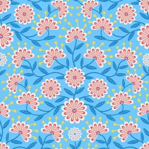 Flowering Daisies Garden Cottagecore Floral Botanical - Icy Blues Red Sunshine Yellow Subtle Pink Cream - MEDIUM Scale - UnBlink Studio by Jackie Tahara