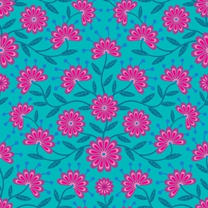 Flowering Daisies Garden Cottagecore Floral Botanical - Bright Fuchsia Pink Purple Turquoise Royal Blue - MEDIUM Scale - UnBlink Studio by Jackie Tahara