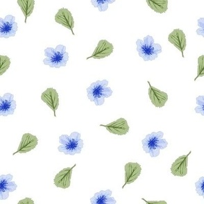 Blue Blossoms-tossed, small blue flowers with falling green leaves on a white background.