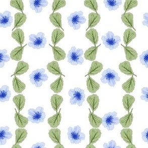 Blue Blossoms-stripe of blossoms in tones of blue and green leaves on white background.