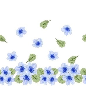 Blue Blossoms-border stripe with blue blossoms and soft green leaves on a white background.