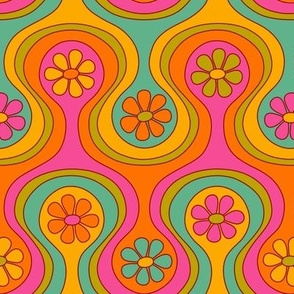 Groovy 60s Flower Pattern - Neon Rainbow (Medium Scale) - 8" repeat