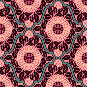 Vintage Trellis - 12" large - pink, teal, and black 