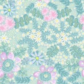 Soft Whimsical Floral in pastel mint green and lilac | cottage core ditsy | asters & Marguerite daisy | large/medium