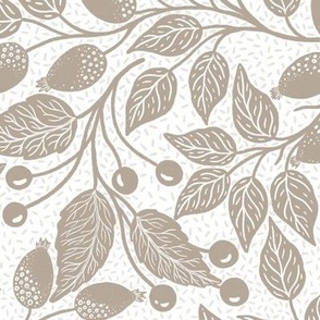  Tan and cream rosehip and leaves - textured neutral background L scale