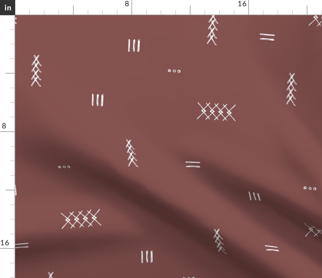Abstract kelim symbols Arabic textile design ethnic plaid with stitched strokes stripes geometric arrows white on vintage red stone LARGE wallpaper
