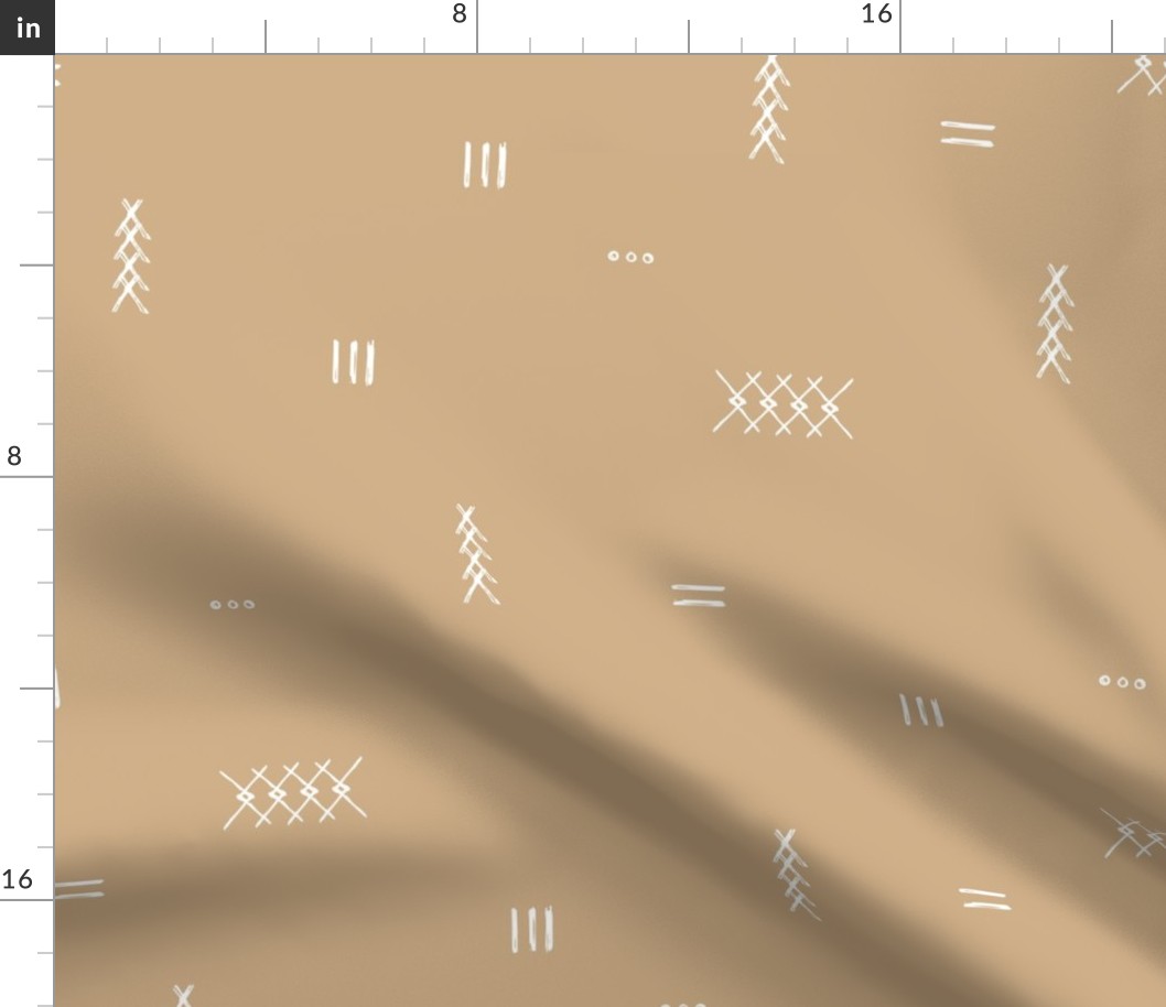 Abstract kelim symbols Arabic textile design ethnic plaid with stitched strokes stripes geometric arrows white on camel caramel cinnamon LARGE wallpaper