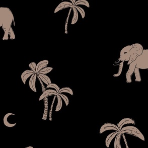 Boho vintage elephants - Palm trees and island vibes sweet baby elephant under the moon summer design moody gray brown on black JUMBO wallpaper