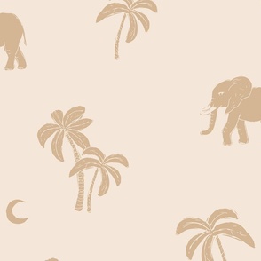 Boho vintage elephants - Palm trees and island vibes sweet baby elephant under the moon summer design ochre camel on cream butter yellow sand JUMBO wallpaper