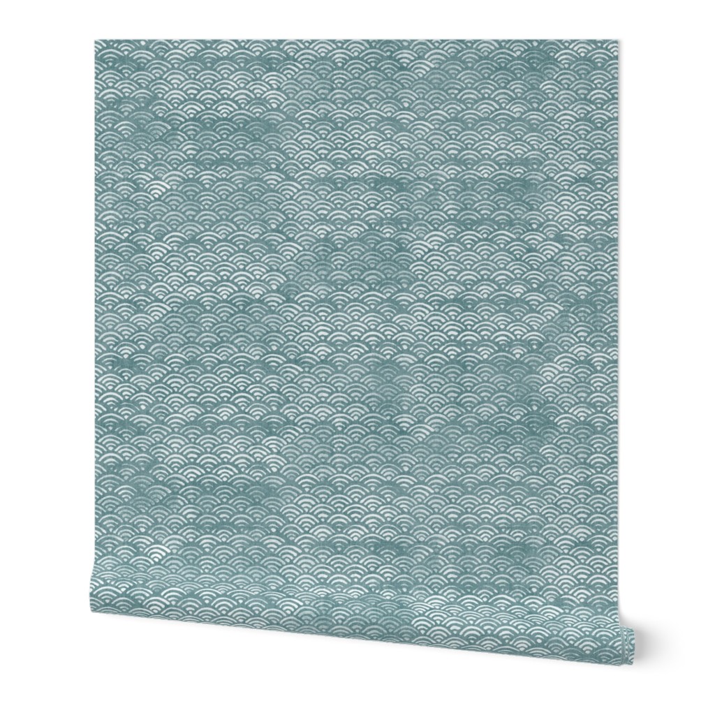 Japanese Block Print Pattern of Ocean Waves in White on Teal (xxl scale) | Japanese waves pattern in sea foam, blue green boho print, seigaiha pattern coastal decor.