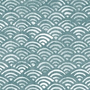 Japanese Block Print Pattern of Ocean Waves in White on Teal (xxl scale) | Japanese waves pattern in sea foam, blue green boho print, seigaiha pattern coastal decor.