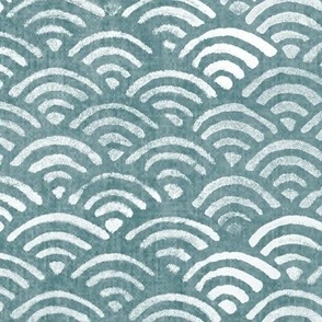 Japanese Block Print Pattern of Ocean Waves in White on Teal (xxxl scale) | Japanese waves pattern in sea foam, blue green boho print, seigaiha pattern coastal decor.